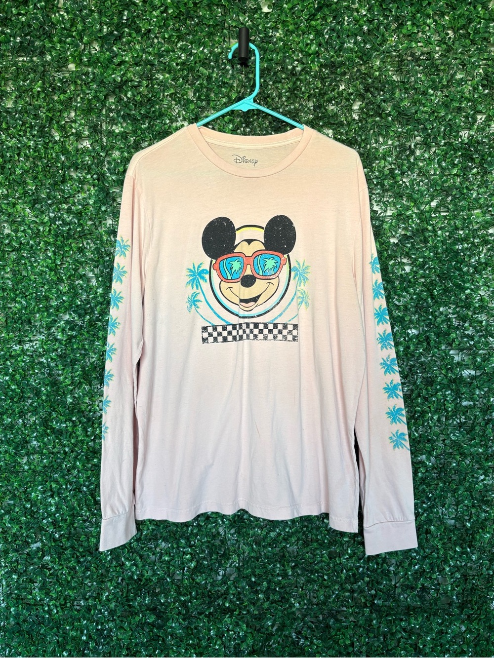 Disney peach colored Long-Sleeve Mickey Graphic Tee with Teal Palm Accents